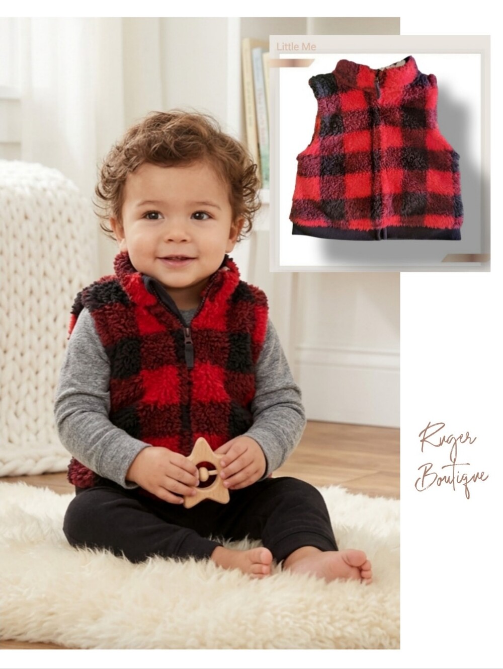 🌿Little Me Baby Infant Lumberjack Fluffy Buffalo Plaid Vest Size 12Months